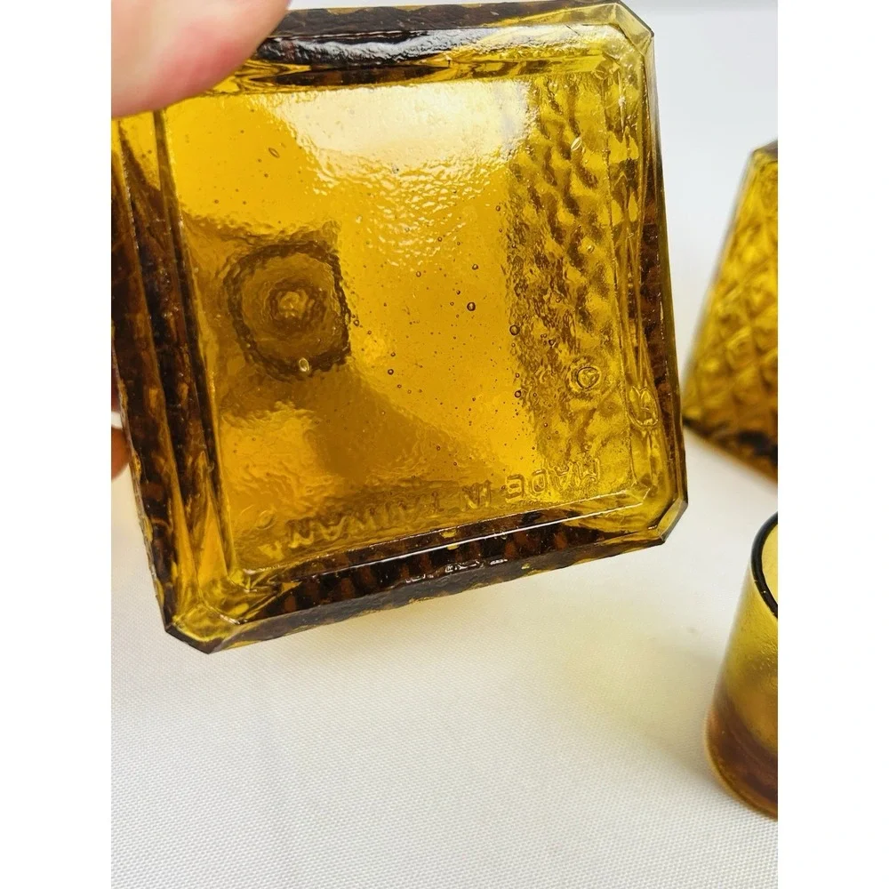 Vintage Amber Square Diamond Point Decanters Glass Stopper Shot Glass MCM Set